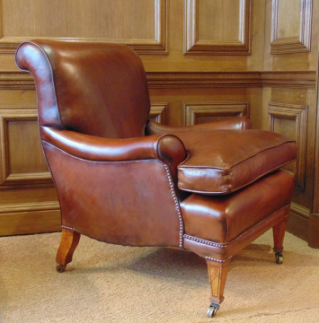 Antique Leather Library Chair with Cherrywood Legs & Boxwood Inlay